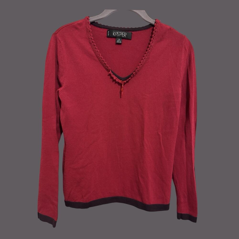 Kasper Vintage Women's Red Black Beaded Top Office Workwear Quiet Luxury Size S